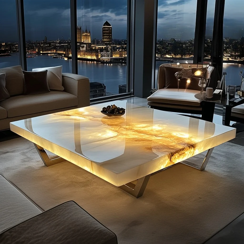 

French square luminous jade luxury stone coffee table advanced modern natural marble living room minimalist