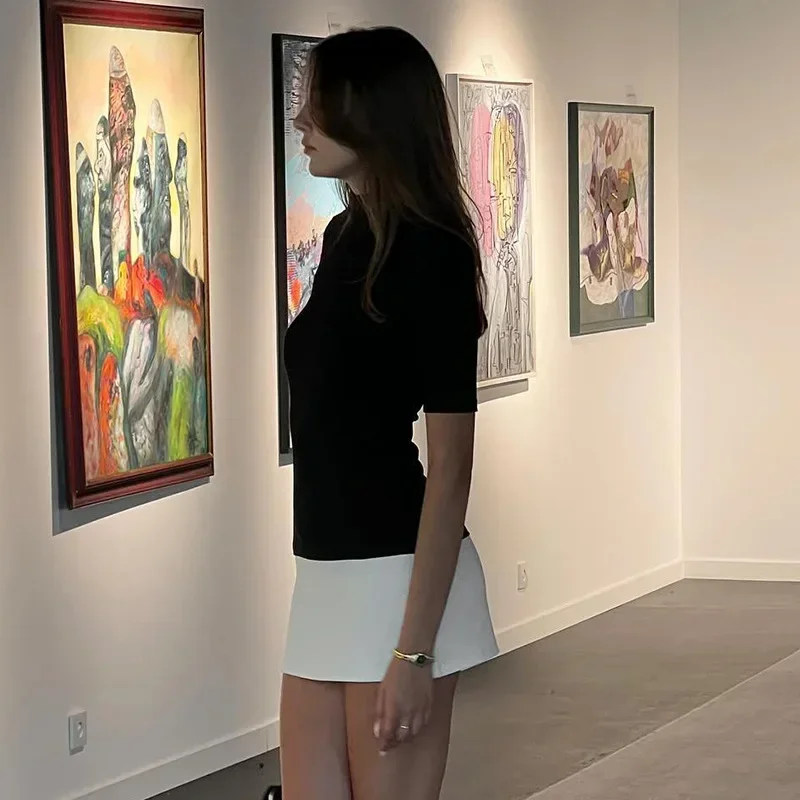 2023 neue Frühling Sommer Rollkragen Halbe Hülse Mini Kleider Französisch Stil, Mode, Elegante Schwarz Und Weiß Patchwork, Figurbetontes Kleid