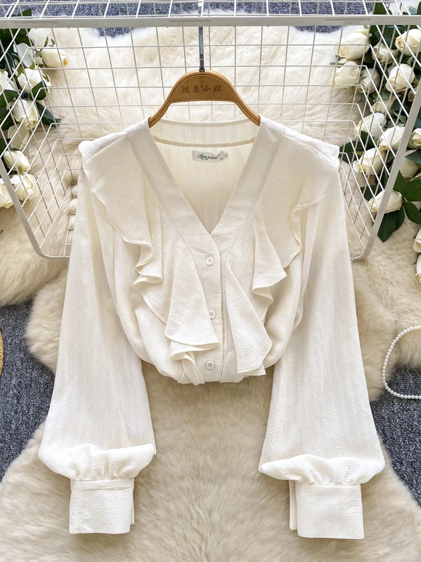 Foamlina Spring Autumn Women's White Shirt French Elegant Ruffles V Neck Long Sleeve Single Breasted Loose Shirt Vintage Blouse