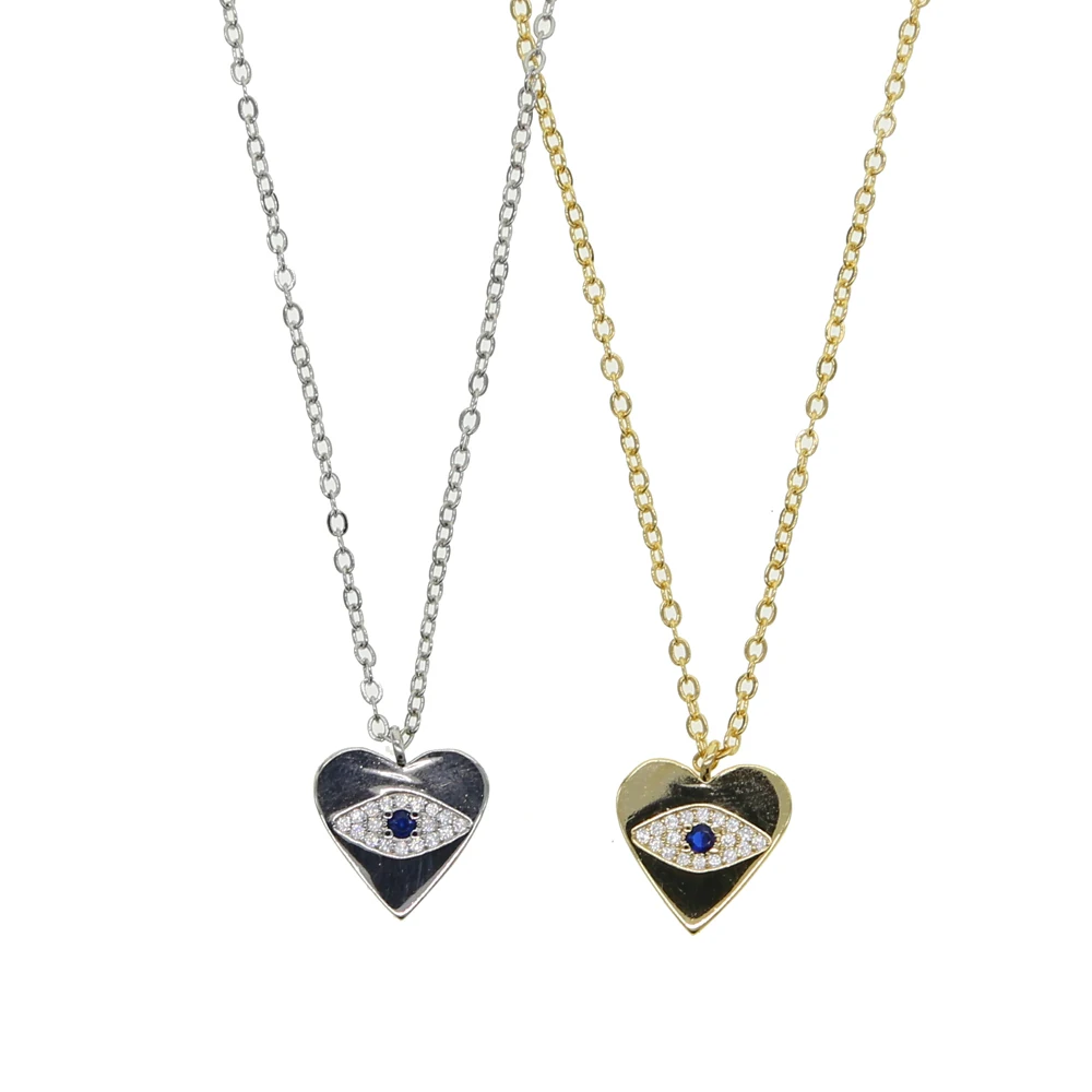 Turkish Hear Shape Evil Eye Pendant Necklaces for Women Micro Paved Blue White Cubic Zirconia Gold Silver Color Fashion Jewelry