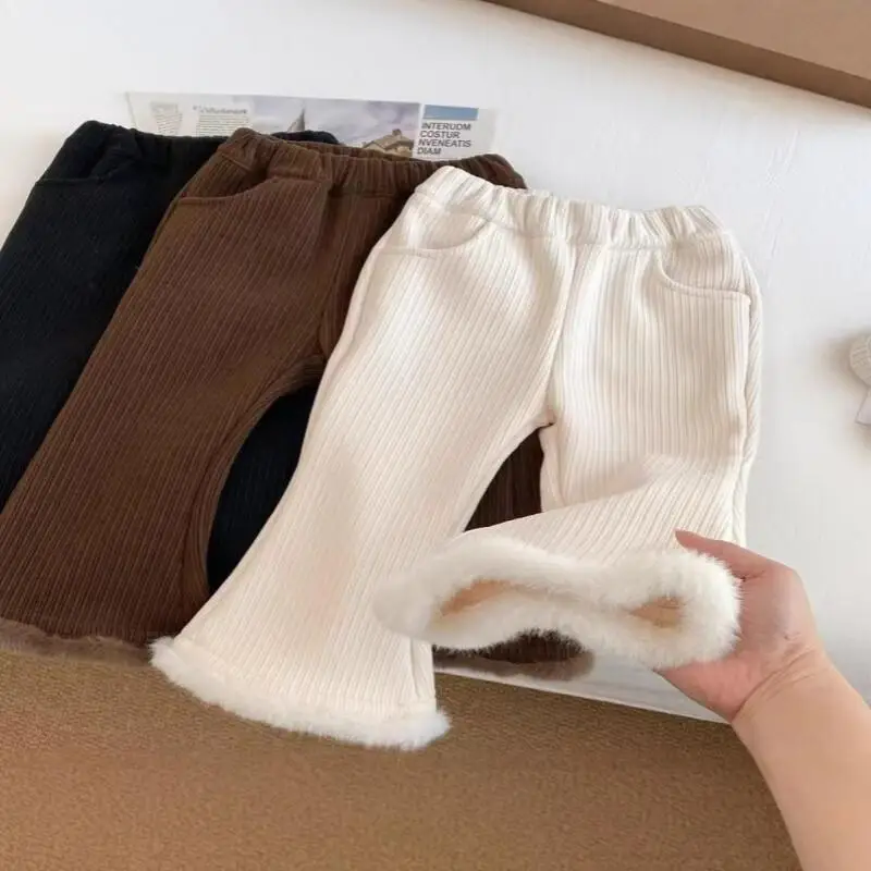 Kawaii Casual Long Pants Fashion Children S Clothing Girls Pants Winter 2024 New Cute Bell Bottom Pants White Fleece Lined Warm