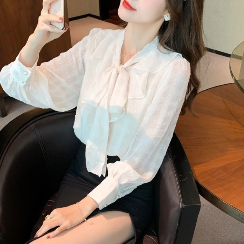 Bow Lace Up Ruffle Elegant Chic Work Wear White Shirt for Women Spring Autumn Trendy Korean Long Sleeve Loose Blouse Ladies Tops