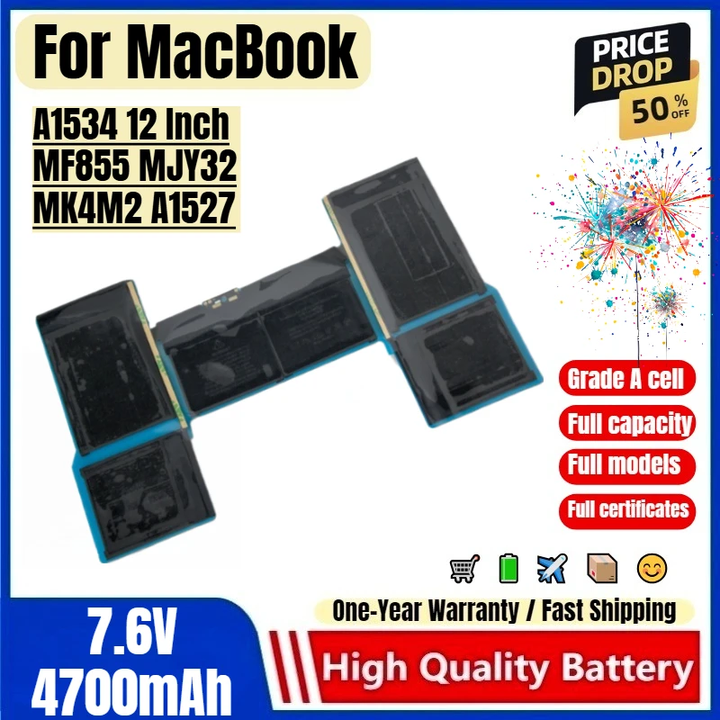 

For MacBook A1534 12 Inch MF855 MJY32 MK4M2 A1527 Laptop Battery 0 Cycle High Quality High Capacity Battery Replacement Bateria