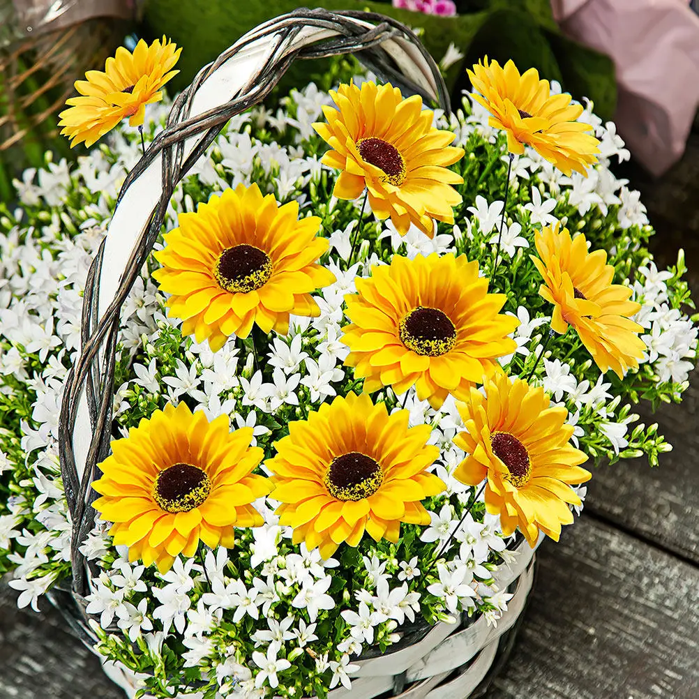 

10 шт. садовых колышков в форме подсолнухов, реалистичные искусственные цветы для декора газона, металлические колышки-цветы для улицы и двора