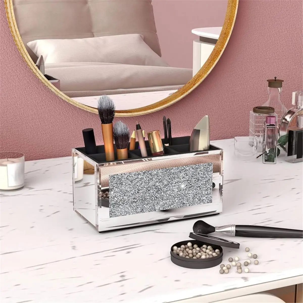 

Time Saving Makeup Brush Holder Organizer with Crushed 3 Slot Mirrored Make Up Cosmetics Organizers and Storage