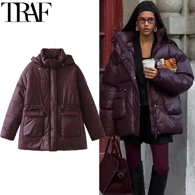 TRAF Womens Jacket Hood Short Padded Jacket Demi-Season Winter Padding Quilted Jacket Woman Long Sleeve Warm Lightweight Coat