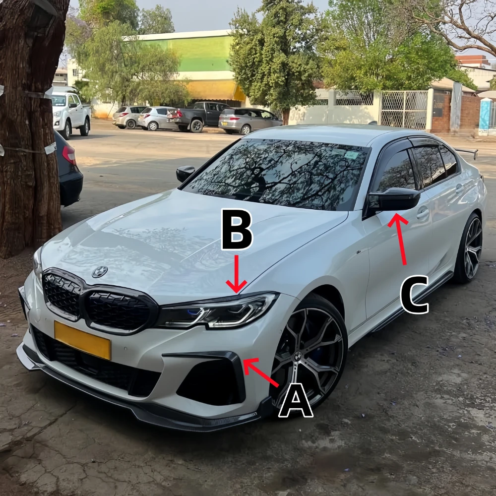 

Накладки на передний бампер, накладки на фары, накладки на зеркала для BMW 3 серии G20 G21 G28 M Sport 2019-2022 (до рестайлинга), глянцевый черный цвет