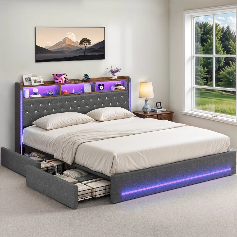 

Queen Size Bed Frame Upholstered Headboard w/ Shelves Drawers