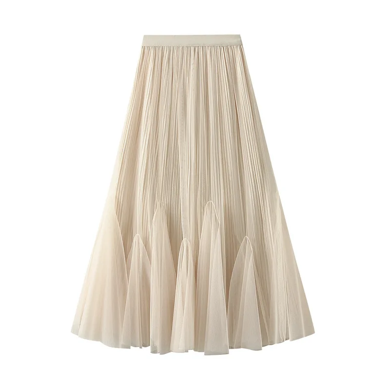 Ancient Falling Gauze A-Line Skirt Double Side Slim Fishtail Women Elastic Waist Autumn Big Swing French Half Body Skirt