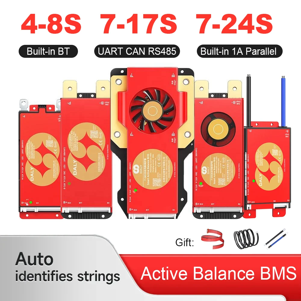 Daly Mini-Red Active Balance Smart BMS TC TH TK TM TS Series 4-24S 30-400A Built-in BT DL1.25 UART CAN RS485 for Li-ion LFP LTO