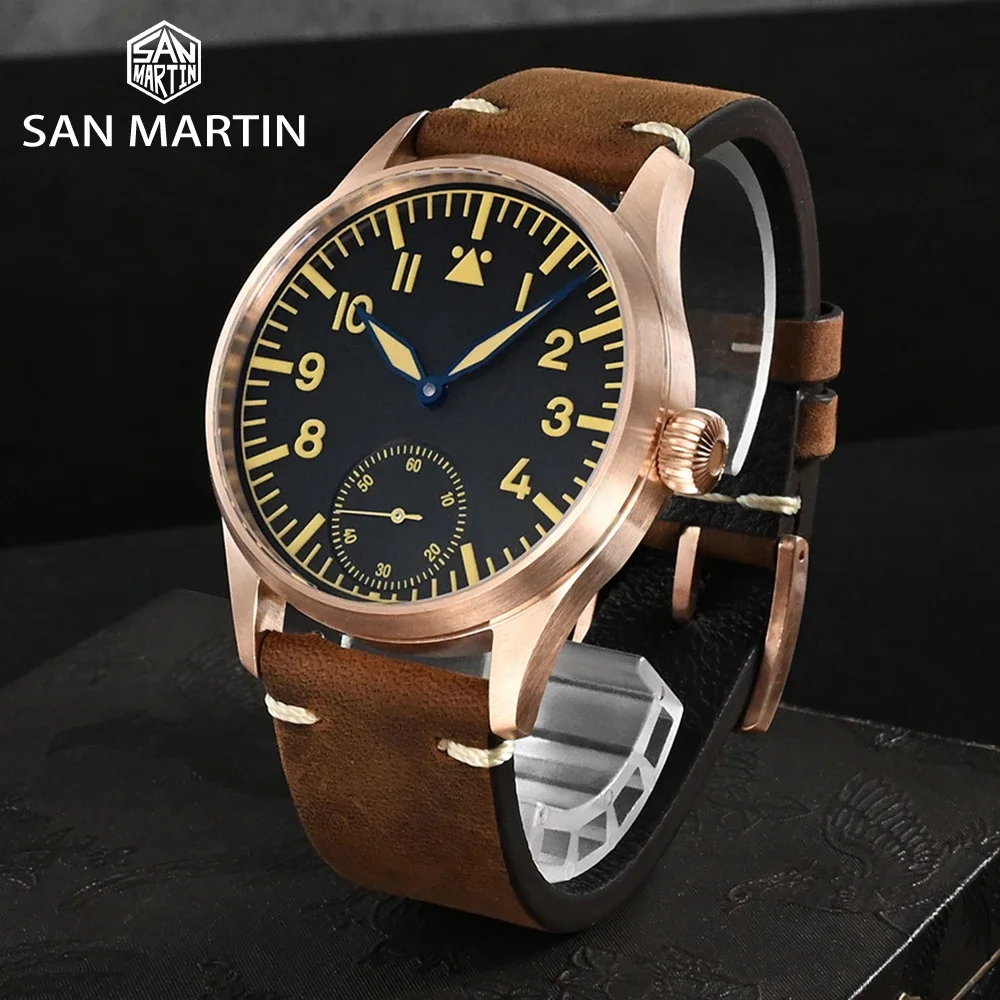 San Martin 41mm Cusn8 Bronze Pilot Watch NH35 Automatic Mechanical Men Watches Military Simple Sapphire 10Bar Leather Relojes