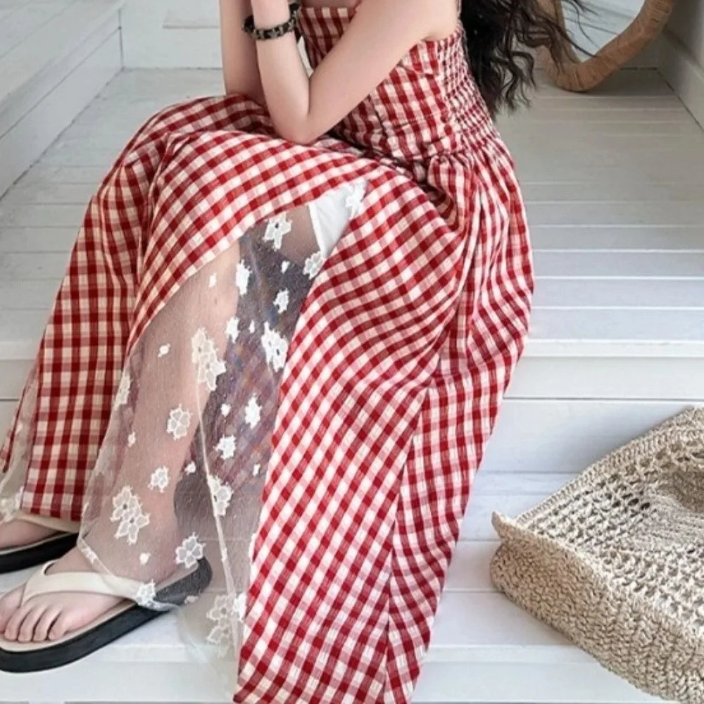 

Детское клетчатое платье без рукавов с оборками и сетчатыми вставками, длинное, с кружевными цветами, повседневное, для девочек, с пэчворк-юбкой, для путешествий