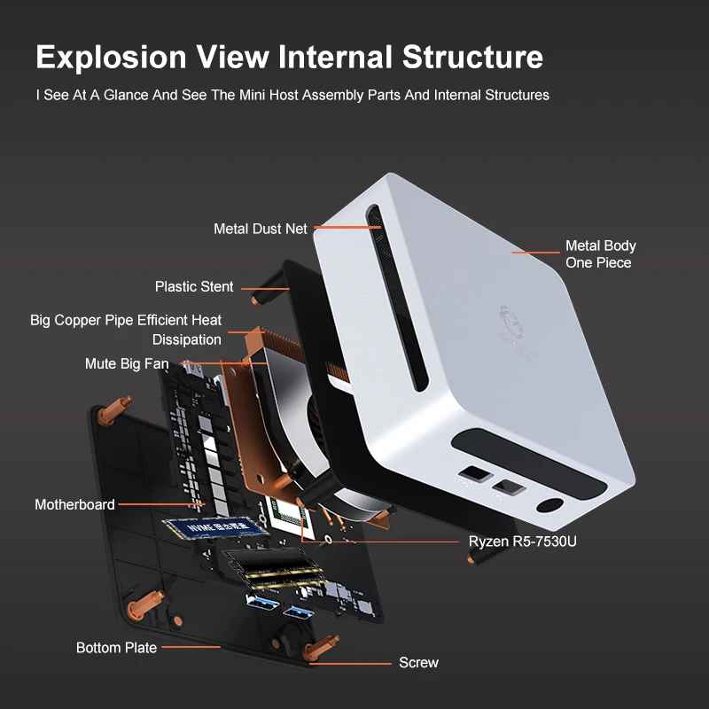 GenMachine New AMD R7 7730U MINI PC R5 7530U Windows 11 DDR4 NVME 8G/256G 16G/512G WIFI6 RTL8852, BT5.2 Desktop Gaming Computer