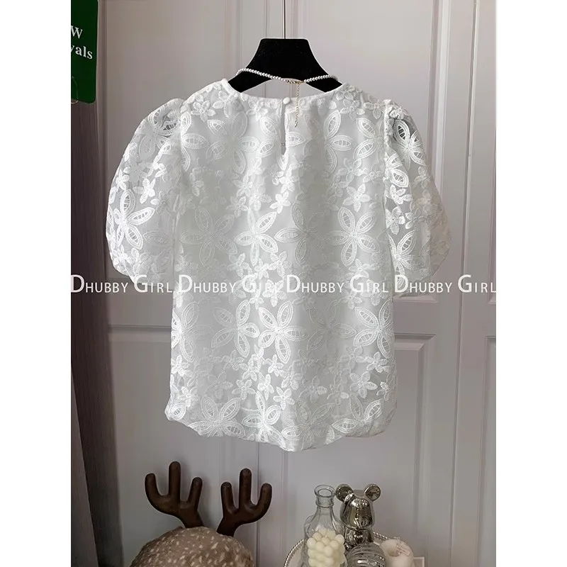 Fairy Hook Flower Hollow Out Lace Shirt Korean Sweet Gentle Style Blusa 2023 Summer Puff Sleeve Solid Color O-Neck Blouse