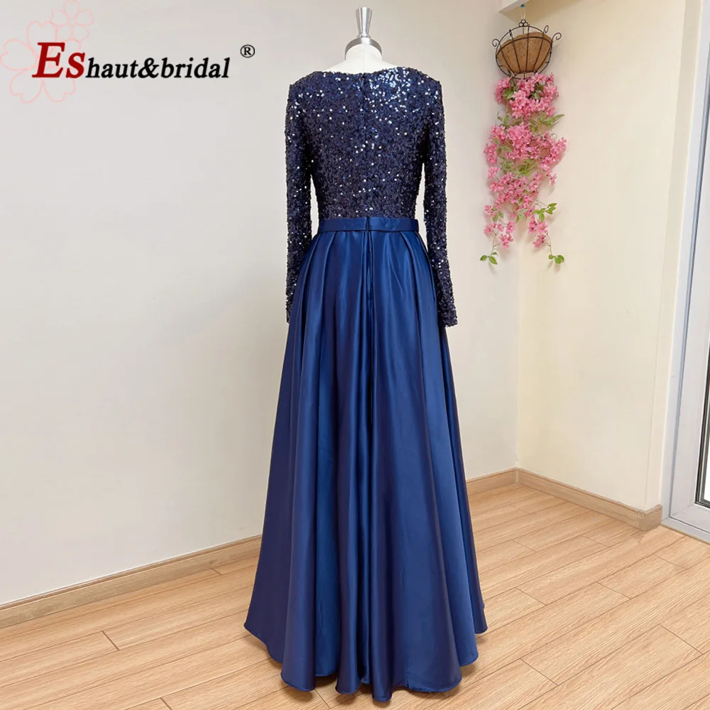 Elegant Arabic Muslim Sequin Evening Dresses for Women 2024 Long Sleeves Aline Satin Wedding Prom Formal Party Gown Customized