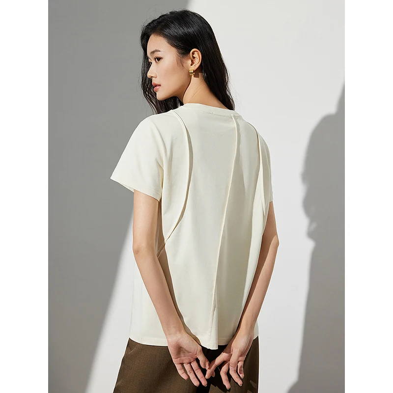 TOYOUTH Women Line Structural Sense T-shirt 2024 Summer Round Neck Casual Cotton Top