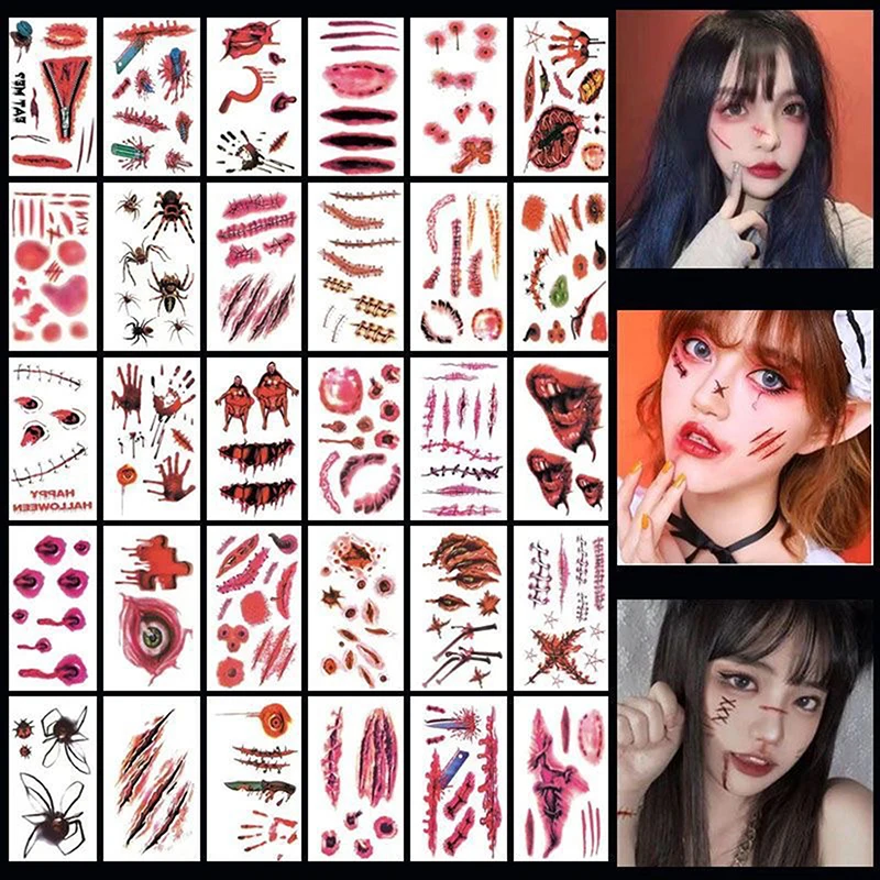 30Pcs/Set Halloween Lifelike Bloody Wound Scary Waterproof Temporary Tattoo Stickers For Kids Gift Fake Children Art Tattoo Toys