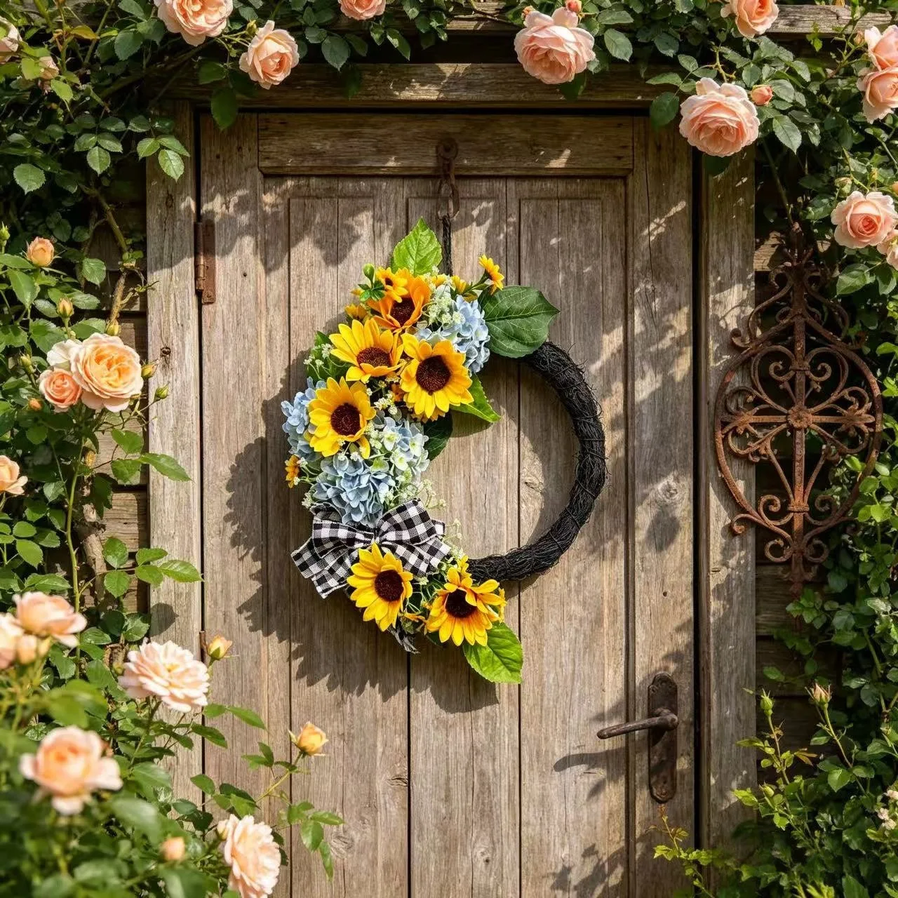 

New cross-border Amazon spring and summer sunflower gypsy wreath rattan wreath home front door decoration pendant