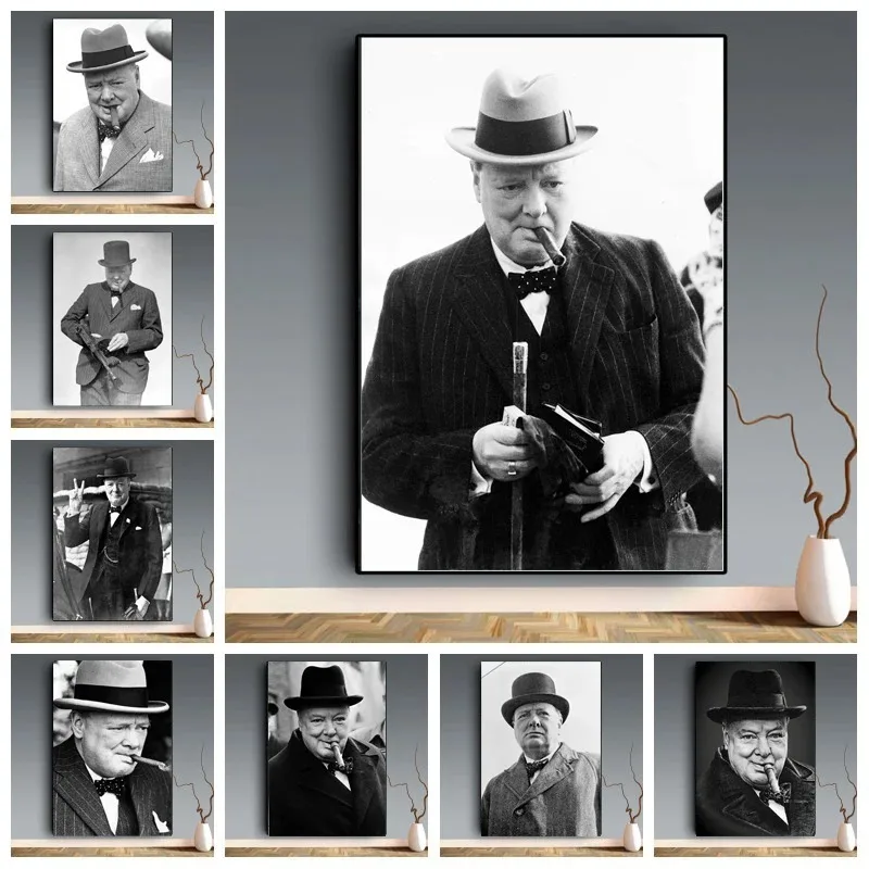 Klassische Winston Churchill Zigarre Pistole Schwarz-Weiß-Leinwandmalerei Wandbild Kunst Foto Geschenk Zuhause Einfache Dekoration