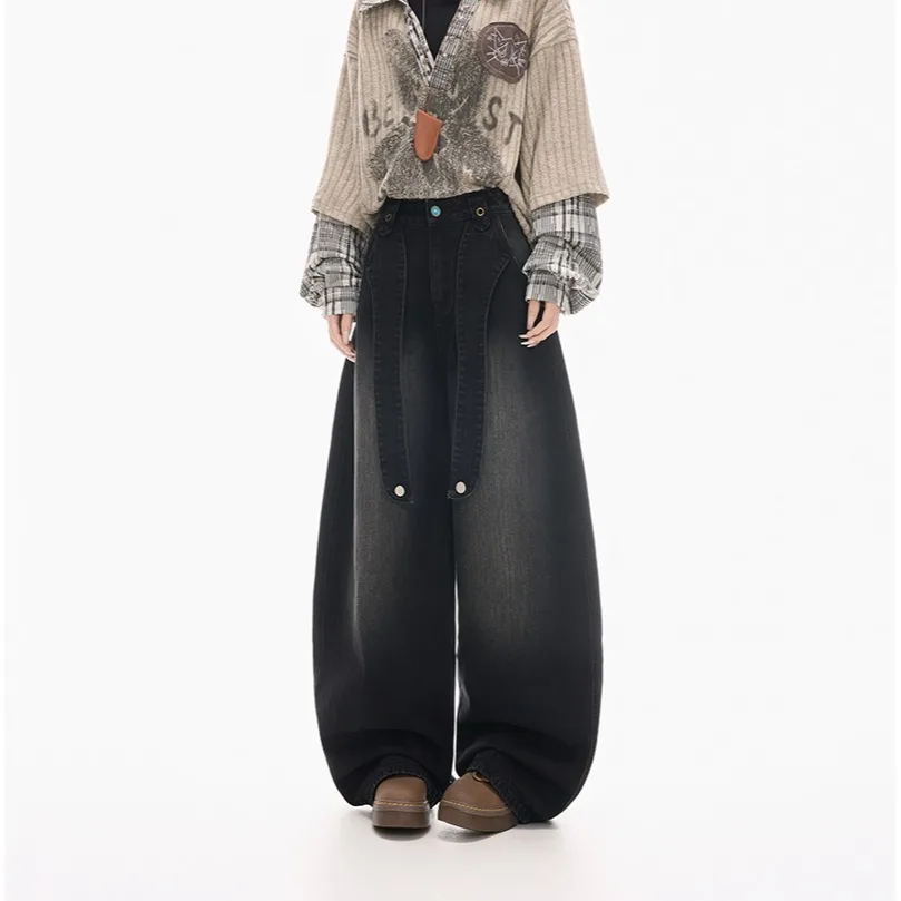 2025 Ropa Y2K حزام الموضة المرقعة فضفاض المرأة مكدسة الجينز السراويل للمرأة الملابس خمر الأزرق بناطيل جينز غير رسمية