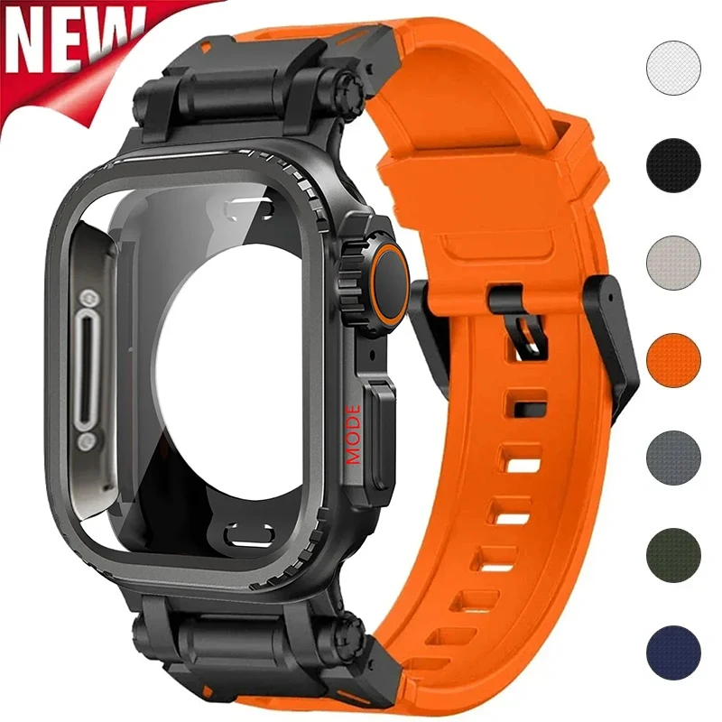 

Чехол+ремешок 2-в-1 для Apple Watch Band Ultra 3 49 мм 44 мм 45 мм 46 мм, металлический корпус из сплава, силиконовый браслет для IWatch 11 10 9 8 7 6 SE 5 4