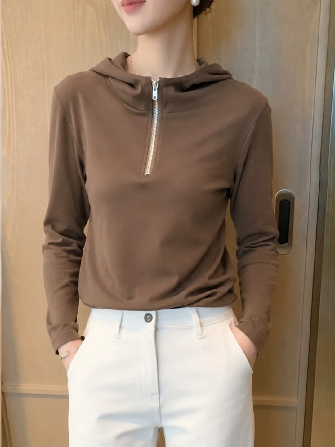 Chic Design Hooded T-Shirt Half Zipper Long Sleeve Oversized Top Korean Style Commute Fashion Pure Color Autumn New Arrival