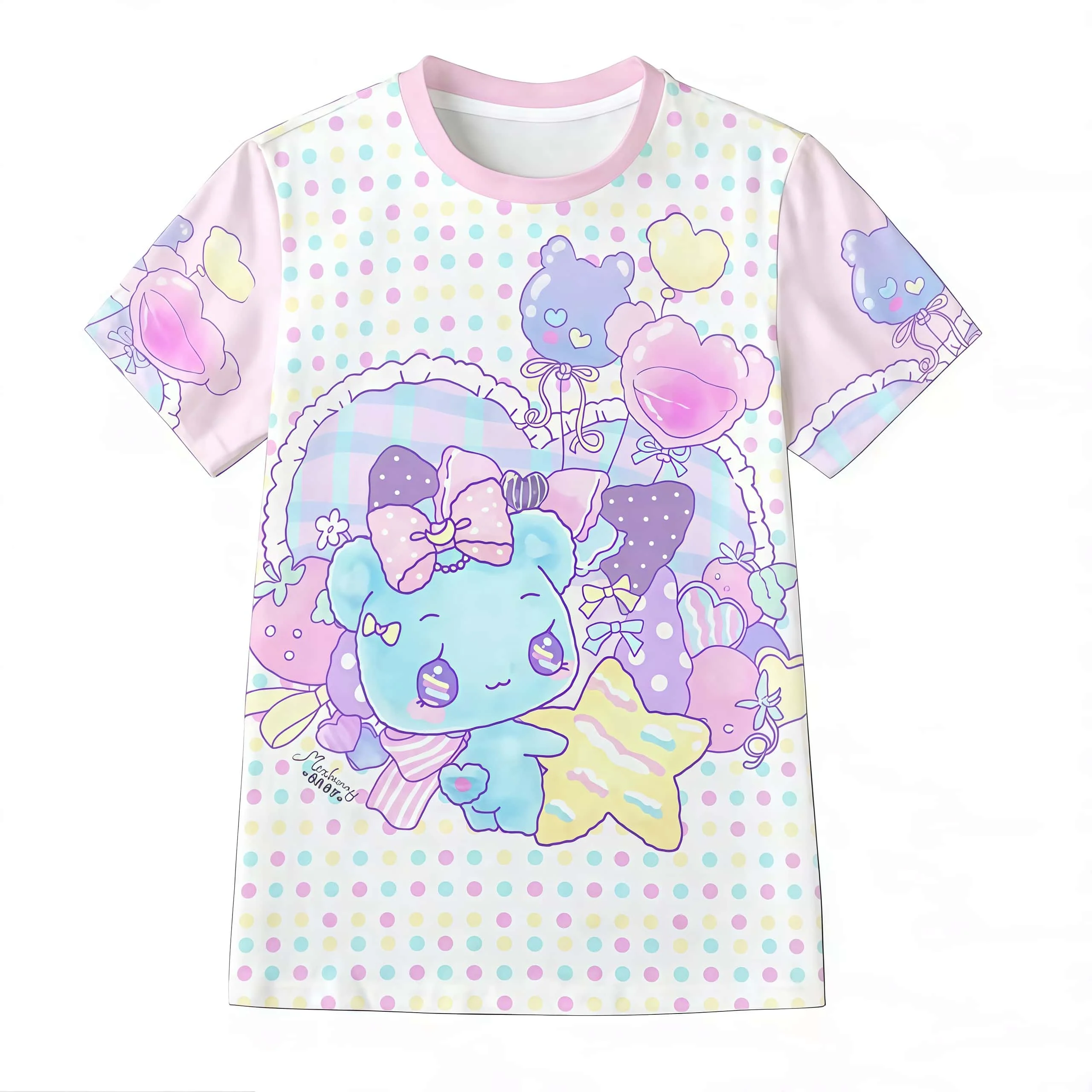 Y2K Sweet Cool Anime Girls Full Printed Short Sleeve T-shirt Cute Cartoon Printed Round Neck Loose Casual Women's Top