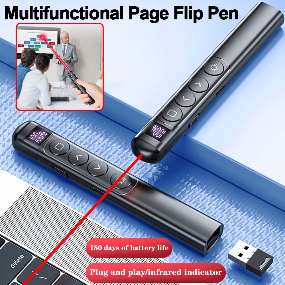 Powerpoint Pen 2.4GHz Wireless Multimedia Remote Control Flip Pen w/Digital Display for Office Teaching Projector PPT Presenter