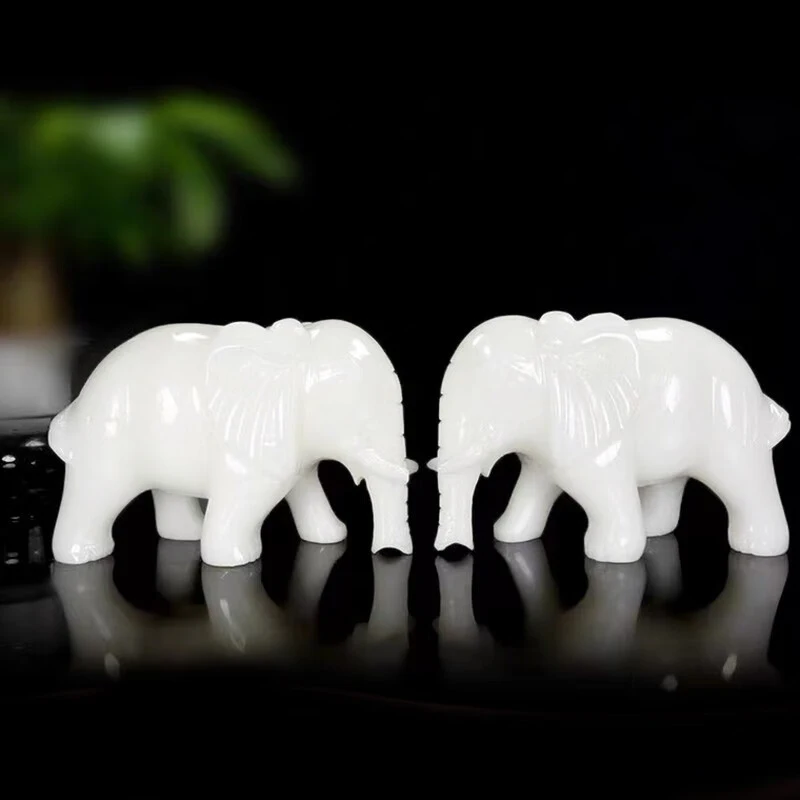 A pair of Afghan jade elephants as decorative ornaments, auspicious for the entrance, home, living room, and office