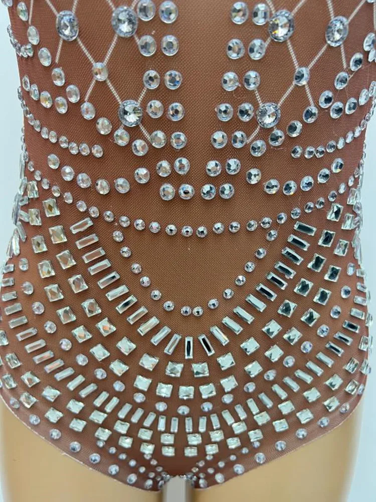 Body in rete con strass Sexy discoteca Cantante Ballerino Abbigliamento da palcoscenico Vedi attraverso body elastico in cristallo DJ Gogo Pole Dance Costum