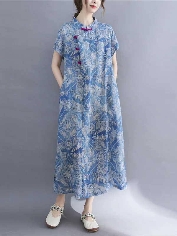 

Женское летнее повседневное платье миди свободного кроя с ретро-принтом в этническом художественном стиле, больших размеров, на пуговицах