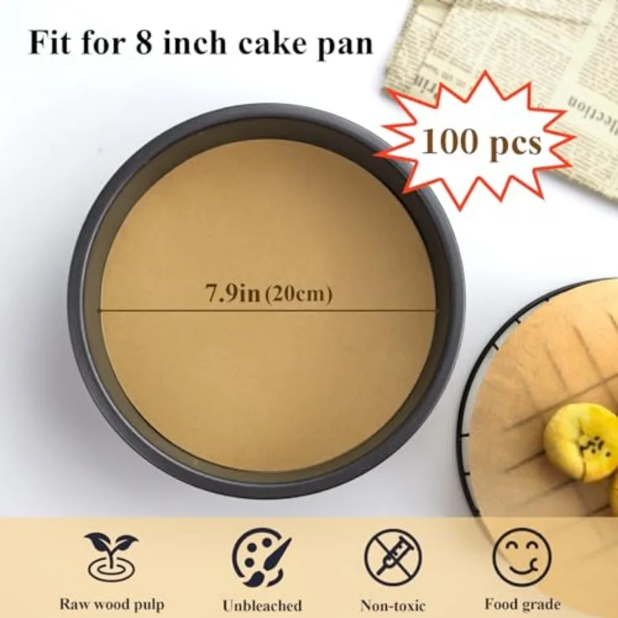 8 Inch Parchment Paper Rounds, 100PCS Unbleached and Non Stick Baking Parchment Rounds, Precut Round Parchment Paper for Baking