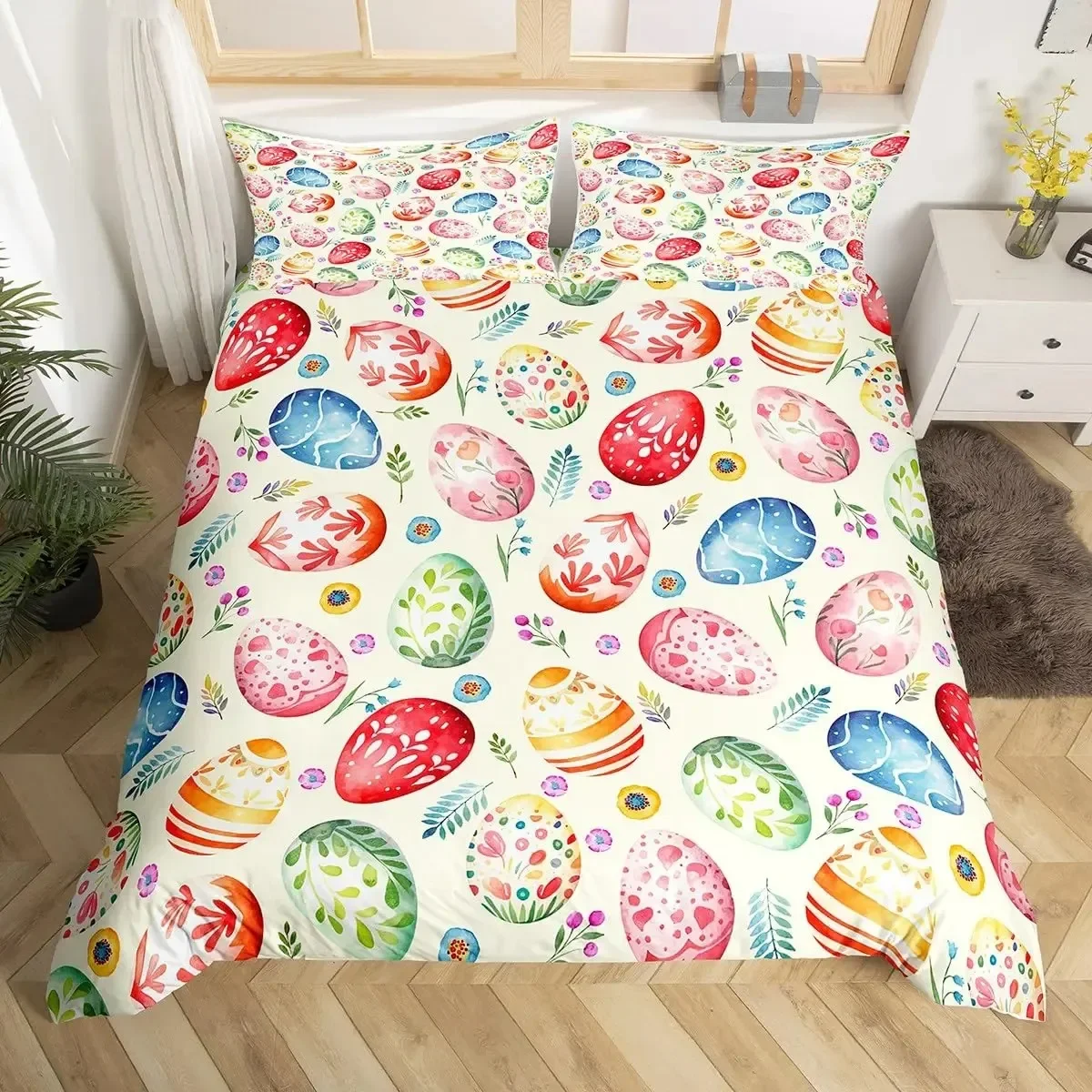 

Easter Eggs Duvet Cover Boys Girls Cartoon Colorful Egg Theme Bedding Set Happy Easter Comforter Cover Floral Flower Quilt Cover