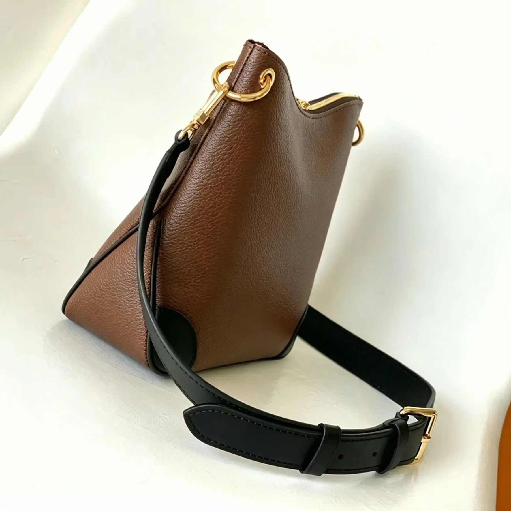 Caramel Brown Leather Triangle Bucket Bag, Luxury Multi-Way Handbag