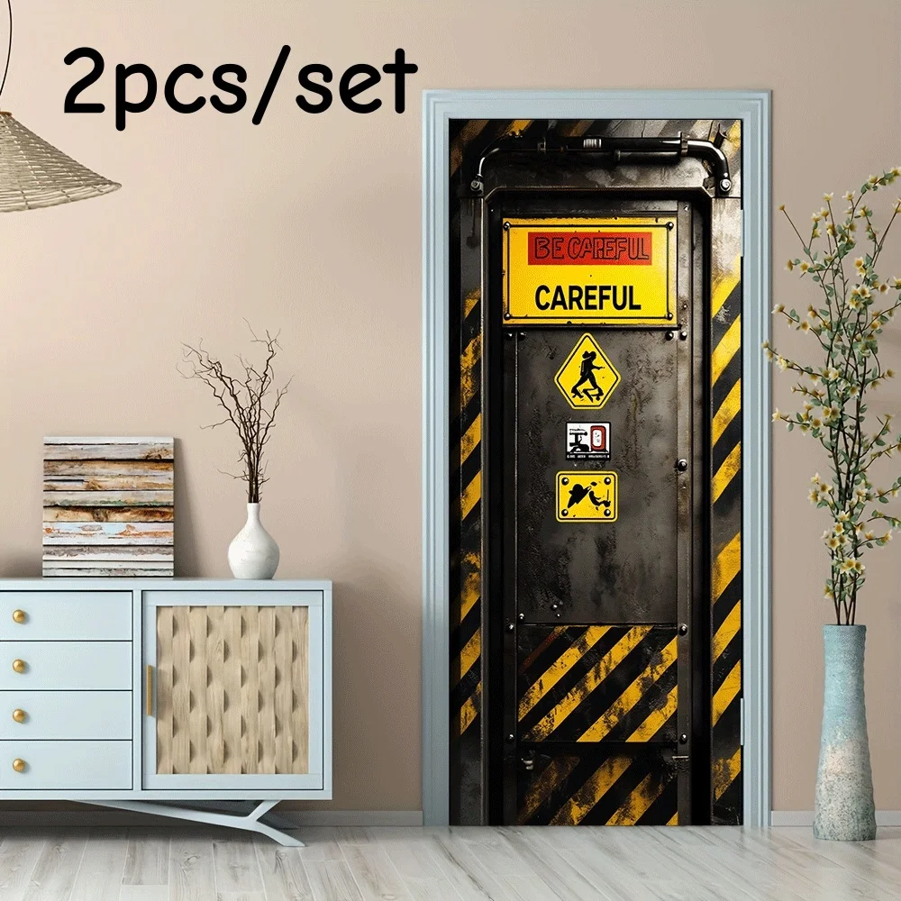 2pcs Retro Industrial Metallic Texture Door Stickers Warning Signs Creative Wall Stickers Bar Coffee Shop Decoration Stickers Do