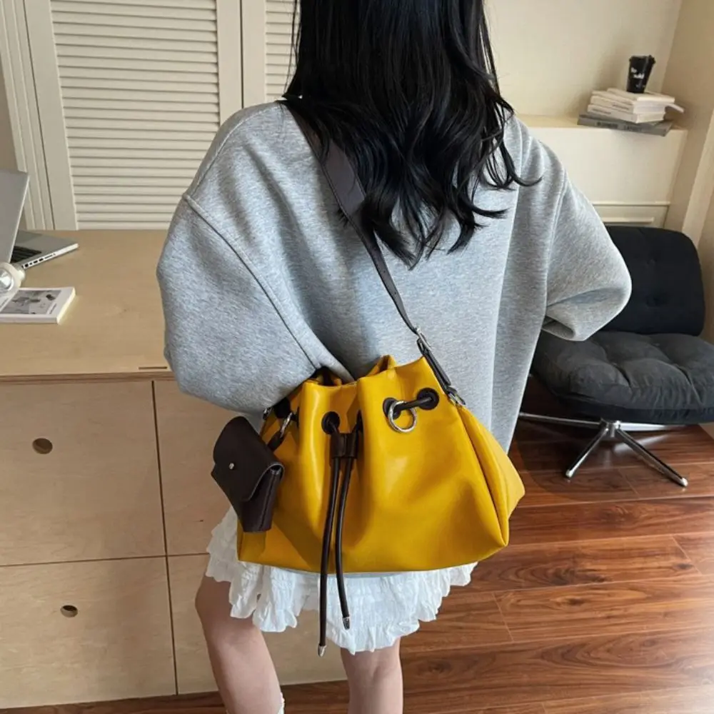 

Casual Korean Style Drawstring Bucket Bag Cylindrical Handbag Pu Shoulder Bag Handheld Solid Color Crossbody Bag Girls