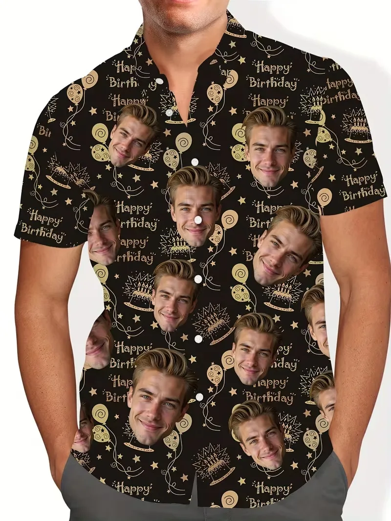

Custom Face Hawaiian Shirt for Men Personalized Photo Print Palm Tree Short Sleeve Button Down Beach Shirt Vacation Party Tops