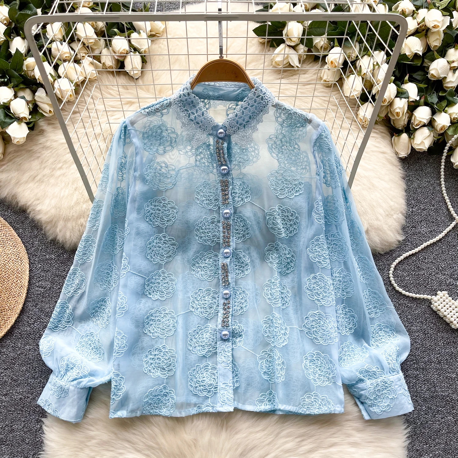 Retro loose Single Breasted lool sleeve mesh embroidery rhinestone basics Blouse Slim Shirt Women summer Top