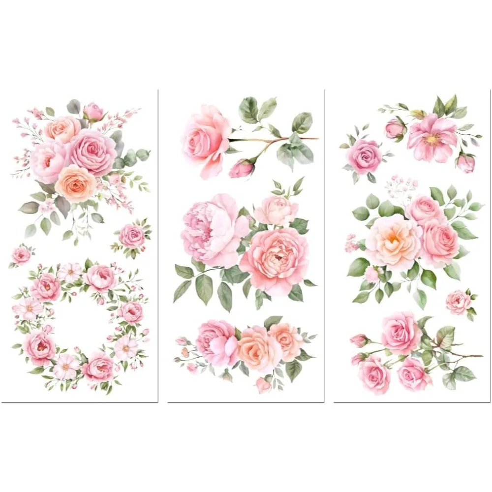 Reiben Sie den Transferaufkleber für Möbel, Basteln, Dekor, 15,2 x 30,5 cm, rosa Blumen, 3 Stück, wasserdichter UV-DTF-Transferaufkleber für Dessous