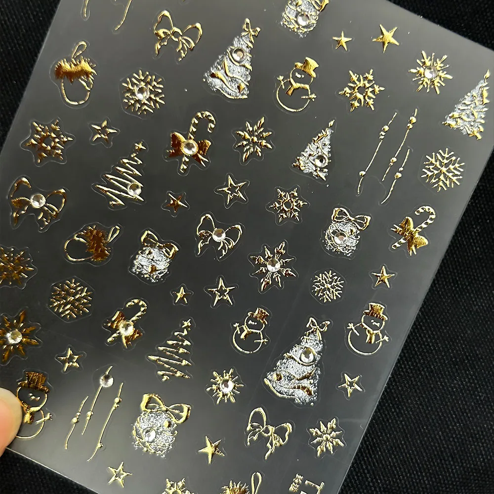 1 pièces strass doré flocon de neige nœud papillon étoile ongles décalcomanies doré arbre de noël Nail Art autocollants belle wapiti manucure curseurs