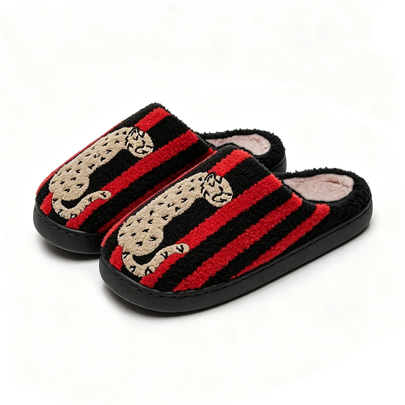 Gestreifte Leoparden-Plüsch-Hausschuhe für Damen, Winter, Innenbereich, rutschfest, bedruckt, Plüschschuhe, Paar, flauschige Fell-Slides, Unisex, Geschenkidee für Feiertage – Detail 11