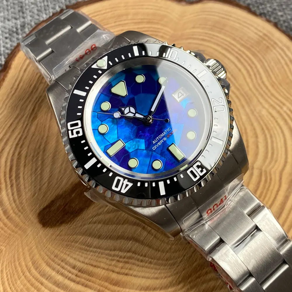 Tandorio Fashional 43MM Watch NH35A MOP Blue Dial Automatic Men Watch Rotating Bezel Screw Crown Steel Band Sapphire Glass