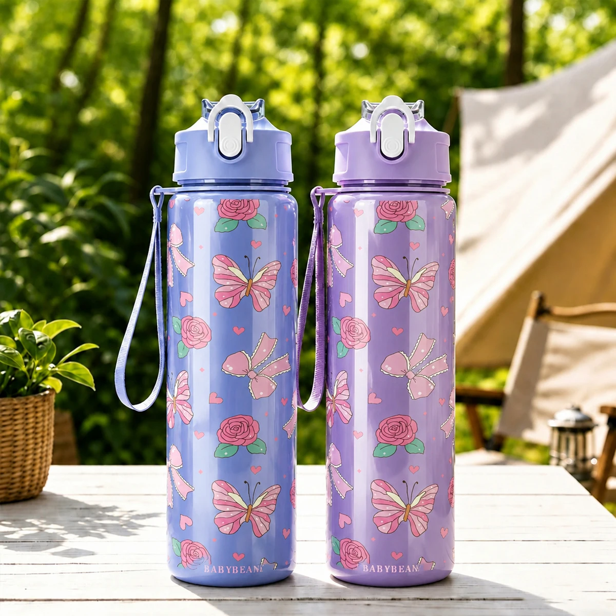 Floral Butterfly Print Plastic Water Bottle Flip Straw Leakproof Lanyard Sports Cup For Girls School Gym Travel Daily