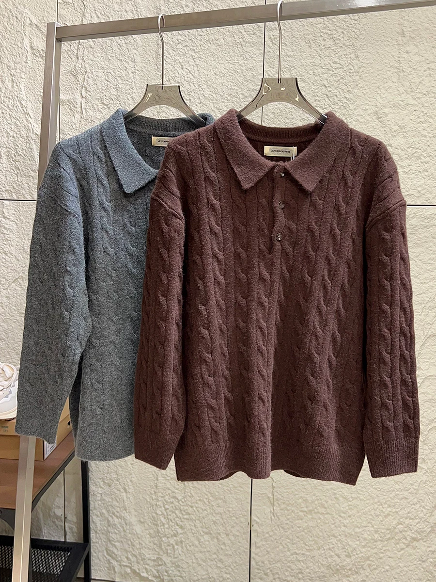 

Laid-back Luxury! Vintage Knitwear! Autumn Winter Men's Loose Casual Collared Sweater Fashionable Twist Knit Soft Thickened