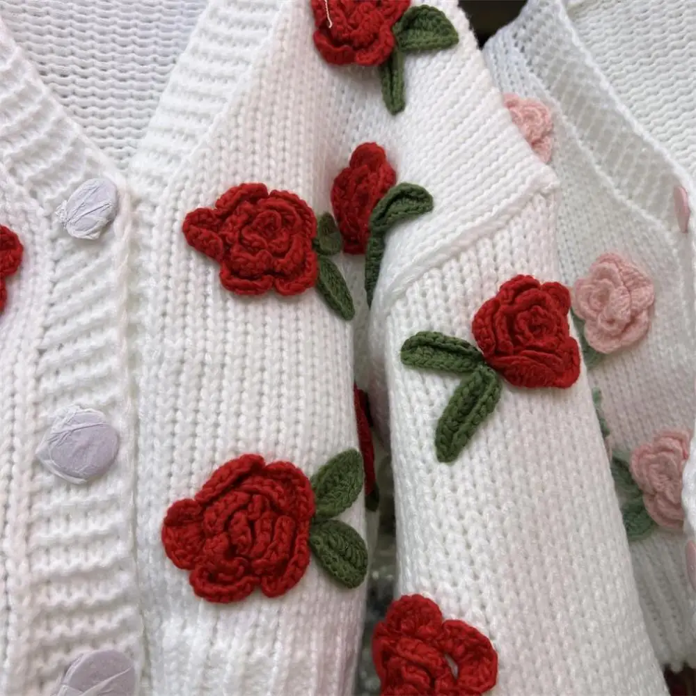 Fashion Sweet White Stick Needle Sweater Coarse Knitted Cardigans 3D Rose Blossom Contrast Loose Short Knitwaer Coat