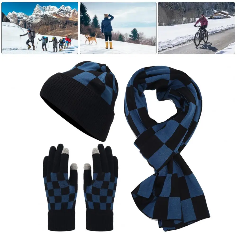 Gorro de invierno de estilo a cuadros para exteriores, conjunto de guantes con estampado de cuadros, guantes de pantalla táctil