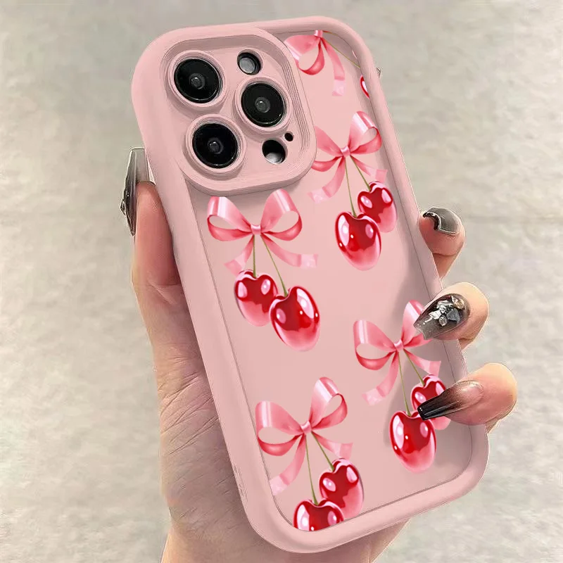 Case For iPhone 16 Cases iPhone 15 11 12 13 14 16 Pro Max X XS XR 7 8 14 15 Plus Bow Knot & Cherry Blossom Pink Protective Cover