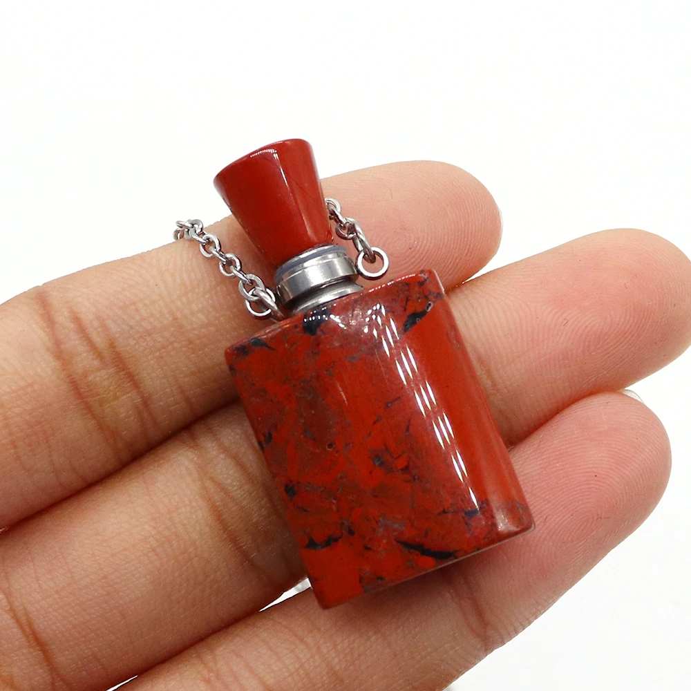 Geometric Square Natural Stone Amethyst Agate Polished Perfume Essential Oil Bottle Pendant Necklace Jewelry Accessories Gift