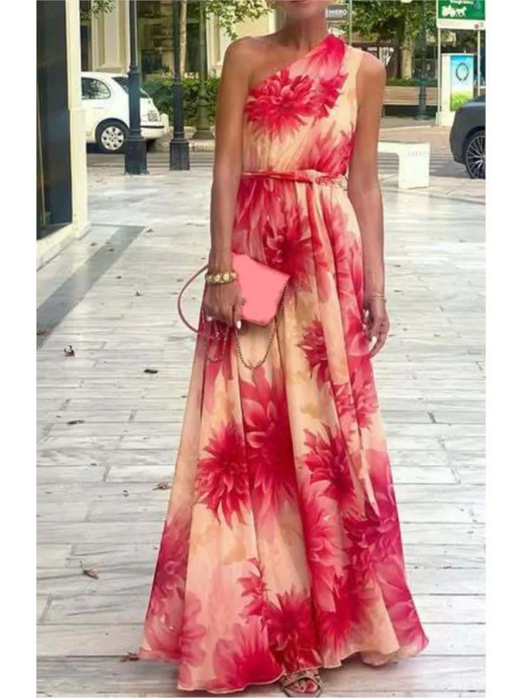 

Elegant Diagonal Collar Print Dress For Women Fashion Off Shoulder High Waist Lace-up Loose Dresses Robe Femme Holiday Clothes