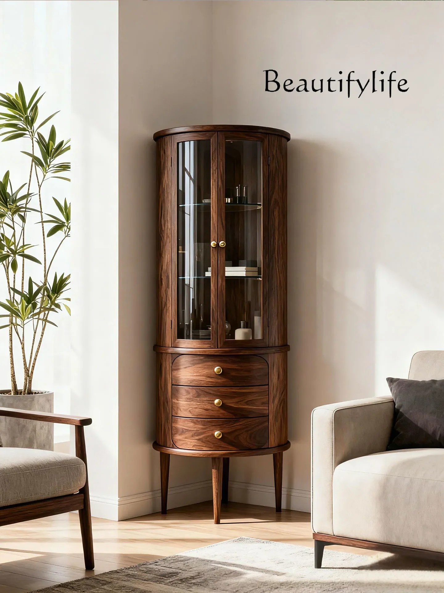 

XR New Chinese Black Walnut Glass Wine Cabinet Modern Simple Light Luxury Display Cabinet Living Room Against The Wall Solid Woo